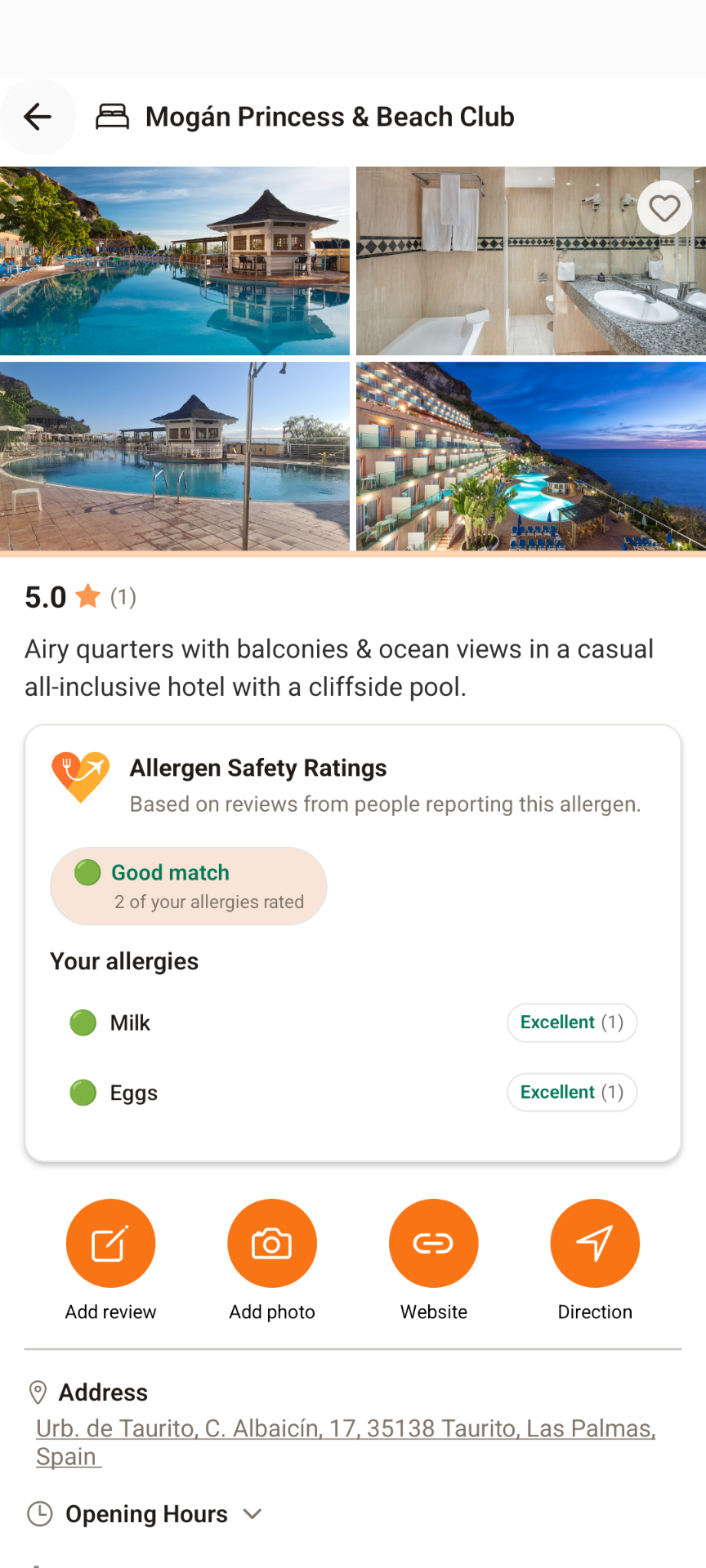 AllergyTrip app - restaurant profile with safety and allergy ratings